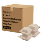 Karat Earth 6''x6'' PFAS Free Compostable Bagasse Hinged Containers, Natural - 500 pcs