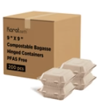 Karat Earth 9'' x 9'' PFAS Free Compostable Bagasse Hinged Containers, Natural - 200 pcs