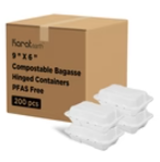 Karat Earth 9''x6'' PFAS Free Compostable Bagasse Hinged Containers, White - 200 pcs