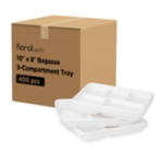 Karat Earth 10''x8'' PFAS Free Eco-Friendly Bagasse Tray, White, 5-Compartments - 400 pcs