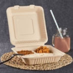 Karat Earth 9''x9'' PFAS Free Compostable Bagasse Hinged Containers, Natural, 3 Compartments - 200 pcs