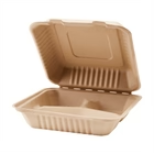 Karat Earth 9''x9'' PFAS Free Compostable Bagasse Hinged Containers, Natural, 3 Compartments - 200 pcs