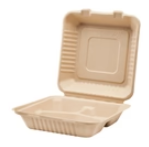 Karat Earth 9''x9'' PFAS Free Compostable Bagasse Hinged Containers, Natural, 3 Compartments - 200 pcs