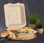 Karat Earth 8''x8'' PFAS Free Compostable Bagasse Hinged Containers, Natural, 3 Compartments - 200 pcs