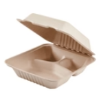 Karat Earth 8''x8'' PFAS Free Compostable Bagasse Hinged Containers, Natural, 3 Compartments - 200 pcs