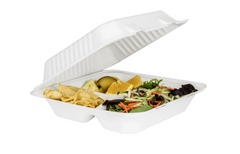 Karat Earth 9"x9" PFAS Free Compostable Bagasse Hinged Container, White, 3 Compartments - 200 pcs