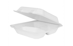 Karat Earth 9"x9" PFAS Free Compostable Bagasse Hinged Container, White, 3 Compartments - 200 pcs