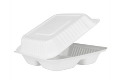 Karat Earth 9"x9" PFAS Free Compostable Bagasse Hinged Container, White, 3 Compartments - 200 pcs
