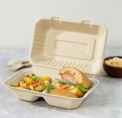 Karat Earth 9'' x 6'' PFAS Free Bagasse Hinged Container, 2-Compartment, Kraft - 200 pcs