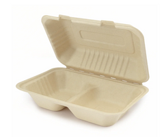 Karat Earth 9'' x 6'' PFAS Free Bagasse Hinged Container, 2-Compartment, Kraft - 200 pcs