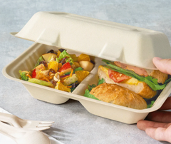 Karat Earth 9'' x 6'' PFAS Free Bagasse Hinged Container, 2-Compartment, Kraft - 200 pcs