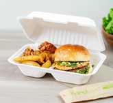 Karat Earth 9'' x 6'' PFAS Free Bagasse Hinged Container, 2-Compartment, White - 200 pcs