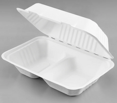 Karat Earth 9'' x 6'' PFAS Free Bagasse Hinged Container, 2-Compartment, White - 200 pcs