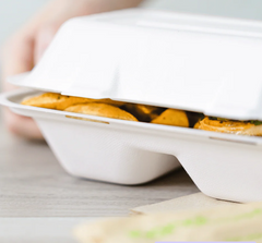 Karat Earth 9'' x 6'' PFAS Free Bagasse Hinged Container, 2-Compartment, White - 200 pcs