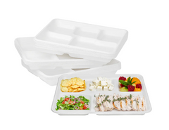 Karat Earth 10''x8'' PFAS Free Eco-Friendly Bagasse Tray, White, 5-Compartments - 100 pcs