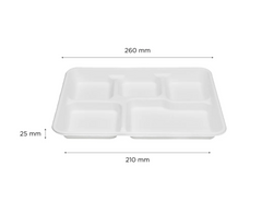 Karat Earth 10''x8'' PFAS Free Eco-Friendly Bagasse Tray, White, 5-Compartments - 100 pcs
