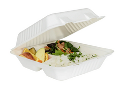 Karat Earth 8''x8'' PFAS Free Compostable Bagasse Hinged Containers, White, 3 Compartments - 200 pcs