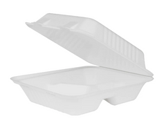 Karat Earth 8''x8'' PFAS Free Compostable Bagasse Hinged Containers, White, 3 Compartments - 200 pcs