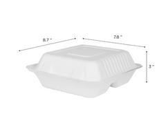 Karat Earth 8''x8'' PFAS Free Compostable Bagasse Hinged Containers, White, 3 Compartments - 200 pcs