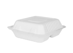Karat Earth 8''x8'' PFAS Free Compostable Bagasse Hinged Containers, White, 3 Compartments - 200 pcs