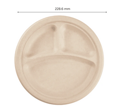 Karat Earth 9'' PFAS Free Compostable Bagasse Round Plates, Natural, 3 Compartments - 500 pcs