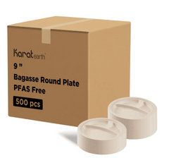 Karat Earth 9'' PFAS Free Compostable Bagasse Round Plates, Natural, 3 Compartments - 500 pcs