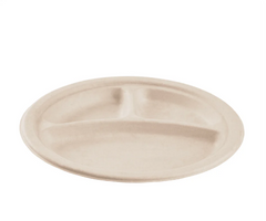 Karat Earth 9'' PFAS Free Compostable Bagasse Round Plates, Natural, 3 Compartments - 500 pcs