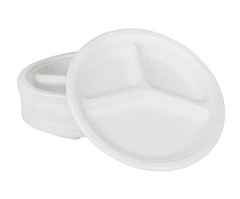 Karat Earth 10'' PFAS Free Compostable Bagasse Round Plates, White, 3 Compartments - 500 pcs