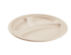 Karat Earth 10'' PFAS Free Compostable Bagasse Round Plates, Natural, 3 Compartments - 500 pcs