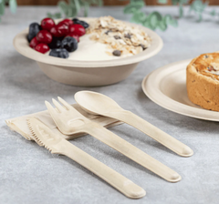 Karat Earth PFAS Free Bagasse Cutlery Kits (Knife, Fork, Soup Spoon, 2-ply Napkin), Paper Wrapped - 250 sets