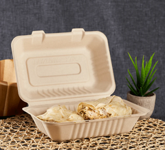9''x6'' PFAS Free Compostable Bagasse Hinged Containers, Natural - 200 pcs
