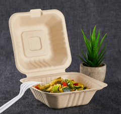 Karat Earth 6''x6'' PFAS Free Compostable Bagasse Hinged Containers, Natural - 500 pcs