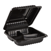 Wholesale 8'' x 8" Black PP Plastic Hinged Container, 3 compartment - 250 ct