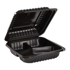 Wholesale 8'' x 8" Black PP Plastic Hinged Container, 3 compartment - 250 ct