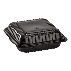 Wholesale 8'' x 8" Black PP Plastic Hinged Container, 3 compartment - 250 ct