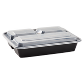Wholesale 32oz PP Plastic Microwavable Rectangular Food Containers & Lids Black - 3 Compartments - 150 ct