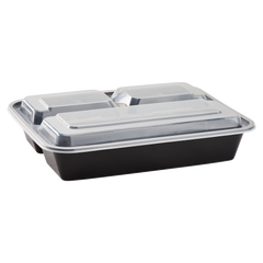 Wholesale 32oz PP Plastic Microwavable Rectangular Food Containers & Lids Black - 3 Compartments - 150 ct