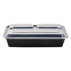 Wholesale 32oz PP Plastic Microwavable Rectangular Food Containers & Lids Black - 3 Compartments - 150 ct