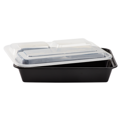 Wholesale 32oz PP Plastic Microwavable Rectangular Food Containers & Lids Black - 3 Compartments - 150 ct