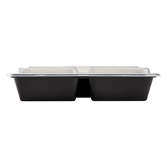 Wholesale 32oz PP Plastic Microwavable Rectangular Food Containers & Lids Black - 3 Compartments - 150 ct