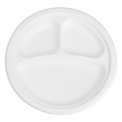 Wholesale 9'' Compostable Bagasse Round Plates 3 Compartments - 500 ct