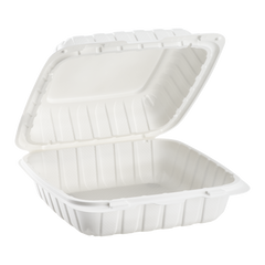 Wholesale 8" x 8" Mineral Filled PP Hinged Container, 1 compartment White - 200 ct