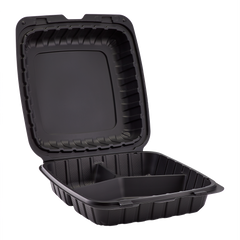 Wholesale 9" x 9" Mineral Filled PP Hinged Container, 3 compartment Black - 120 ct