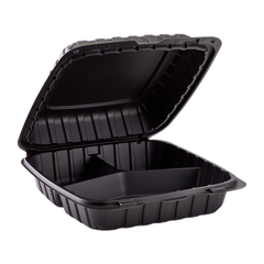 Wholesale 9" x 9" Mineral Filled PP Hinged Container, 3 compartment Black - 120 ct