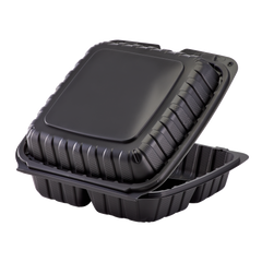 Wholesale 9" x 9" Mineral Filled PP Hinged Container, 3 compartment Black - 120 ct