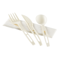Wholesale CPLA Compostable Cutlery Kits Knife, Fork, Tea Spoon, 2-ply Napkin Heavy-Weight White - 250 sets