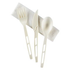 Wholesale CPLA Compostable Cutlery Kits Knife, Fork, Tea Spoon, 2-ply Napkin Heavy-Weight White - 250 sets