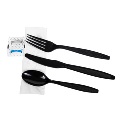 Wholesale PS Plastic Heavy Weight Cutlery Kits with Salt and Pepper Black - 250 ct