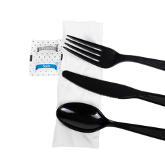 Wholesale PS Plastic Heavy Weight Cutlery Kits with Salt and Pepper Black - 250 ct