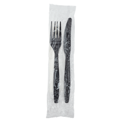Wholesale Heavy-Weight Cutlery Kits Knife, Fork, 1-ply Napkin Black - 500 ct